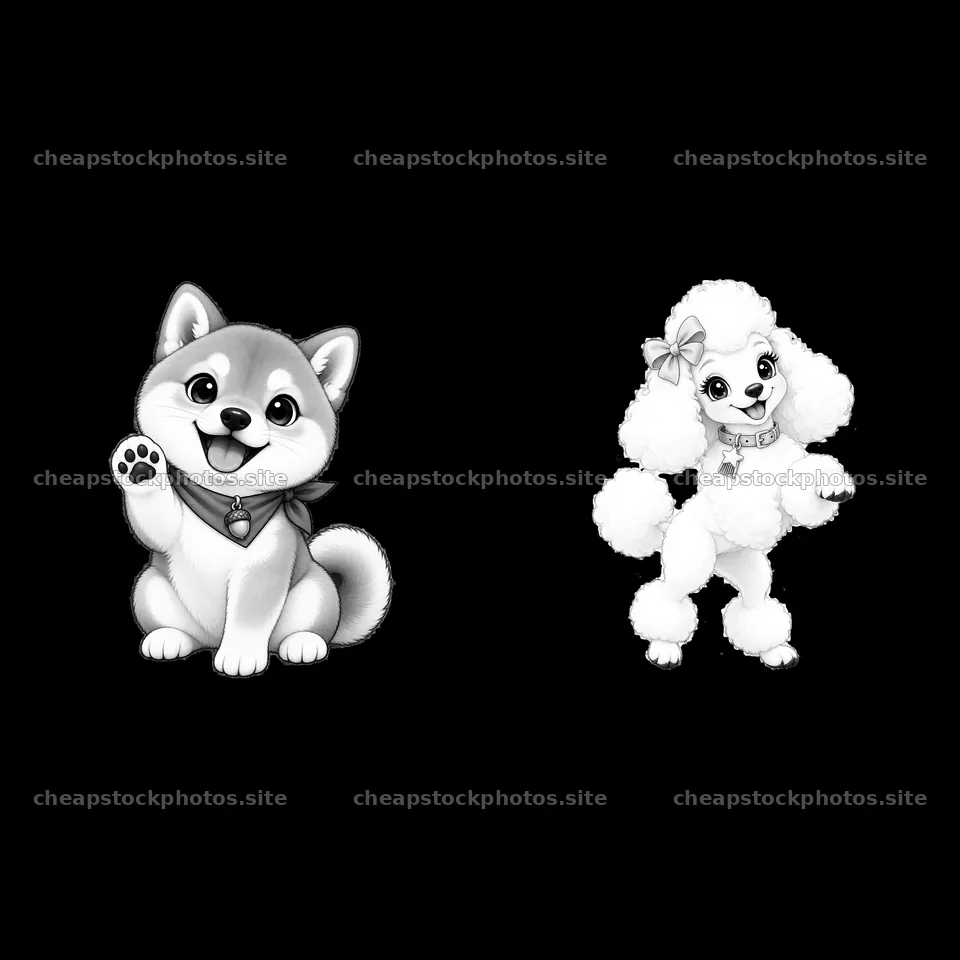 Cute cartoon K-9 dogs waving and playfully posing together – stock photos 7746x7746