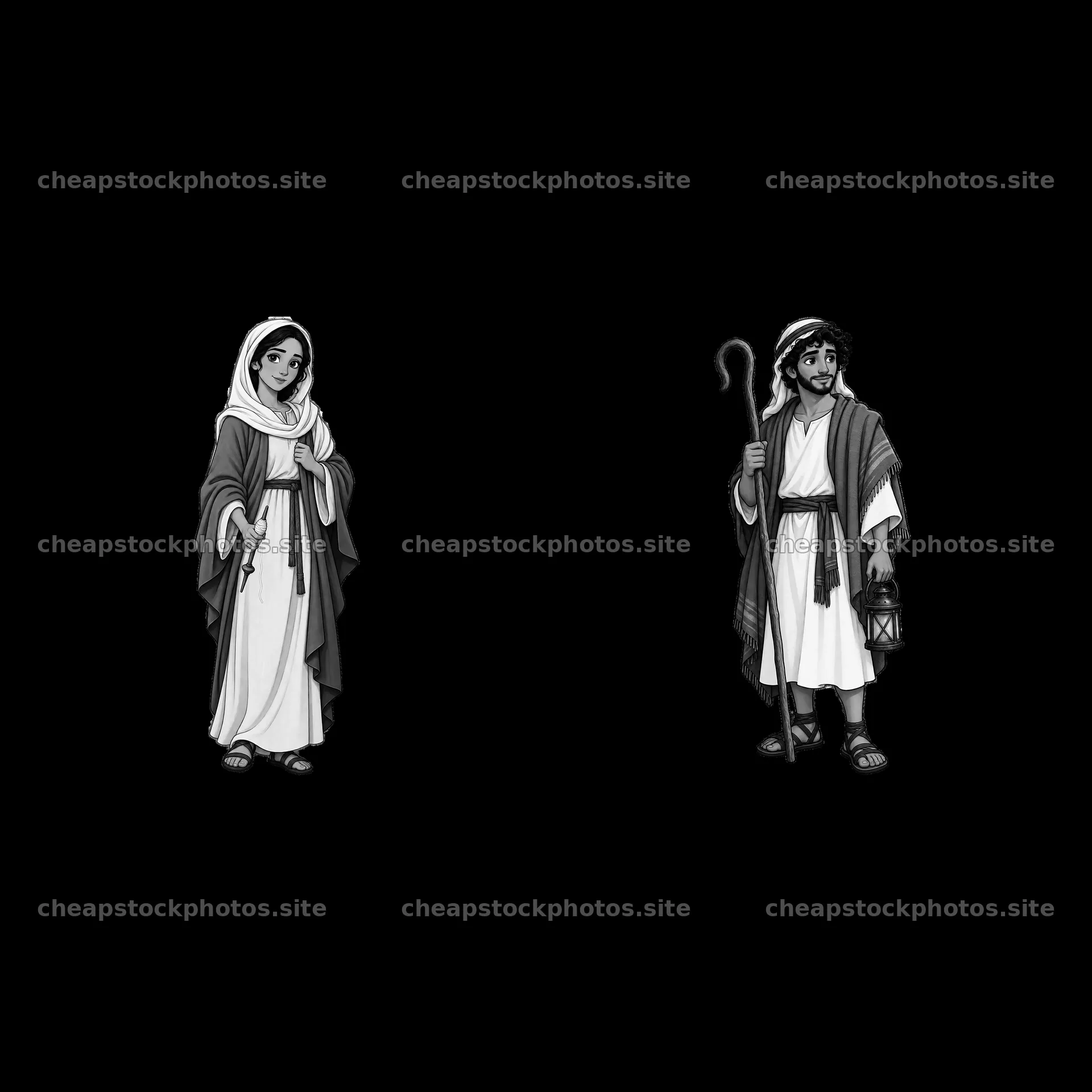 Two cartoon characters depicting Jesus and a shepherd – stock photos 7746x7746