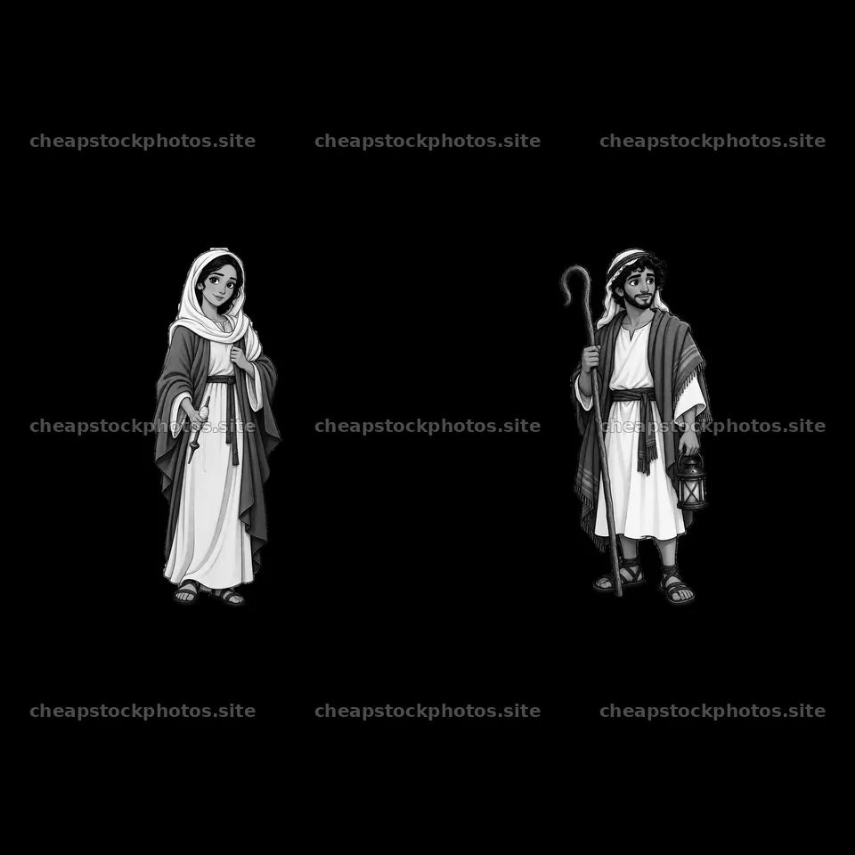 Two cartoon characters depicting Jesus and a shepherd – stock photos 7746x7746