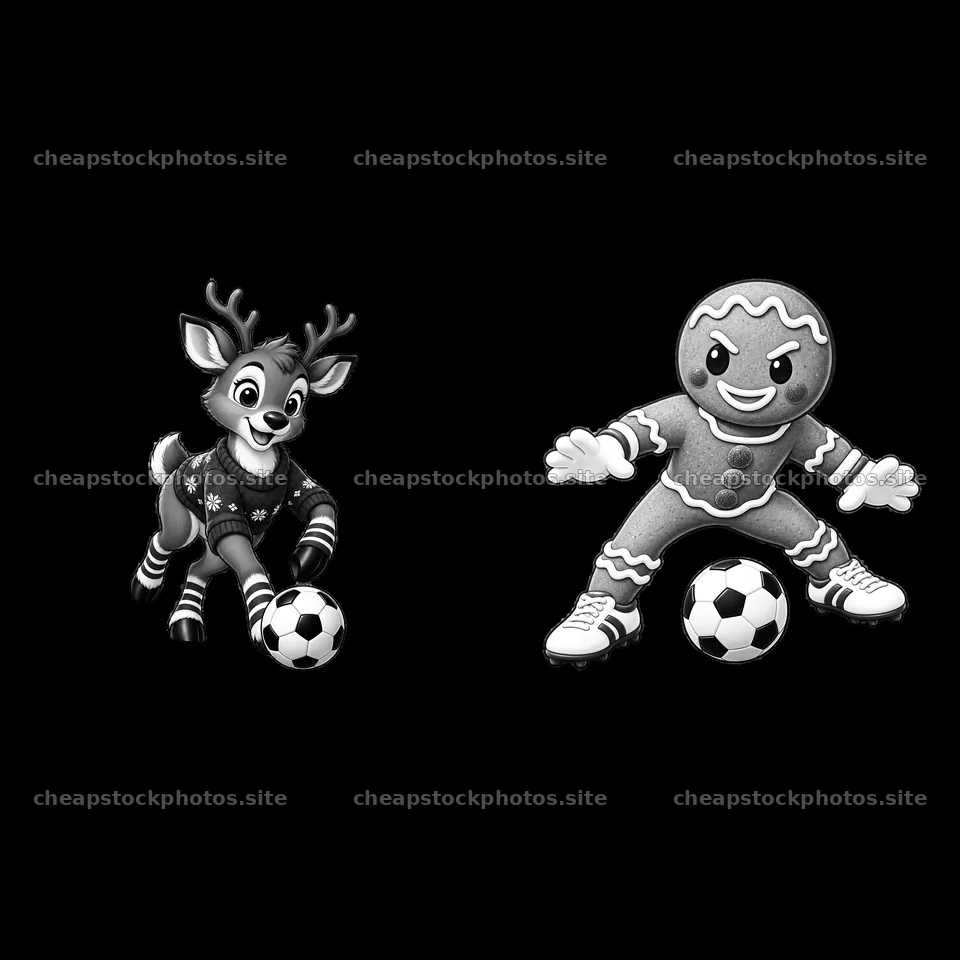 Reindeer and gingerbread man playing soccer in Christmas theme – stock photos 7746x7746