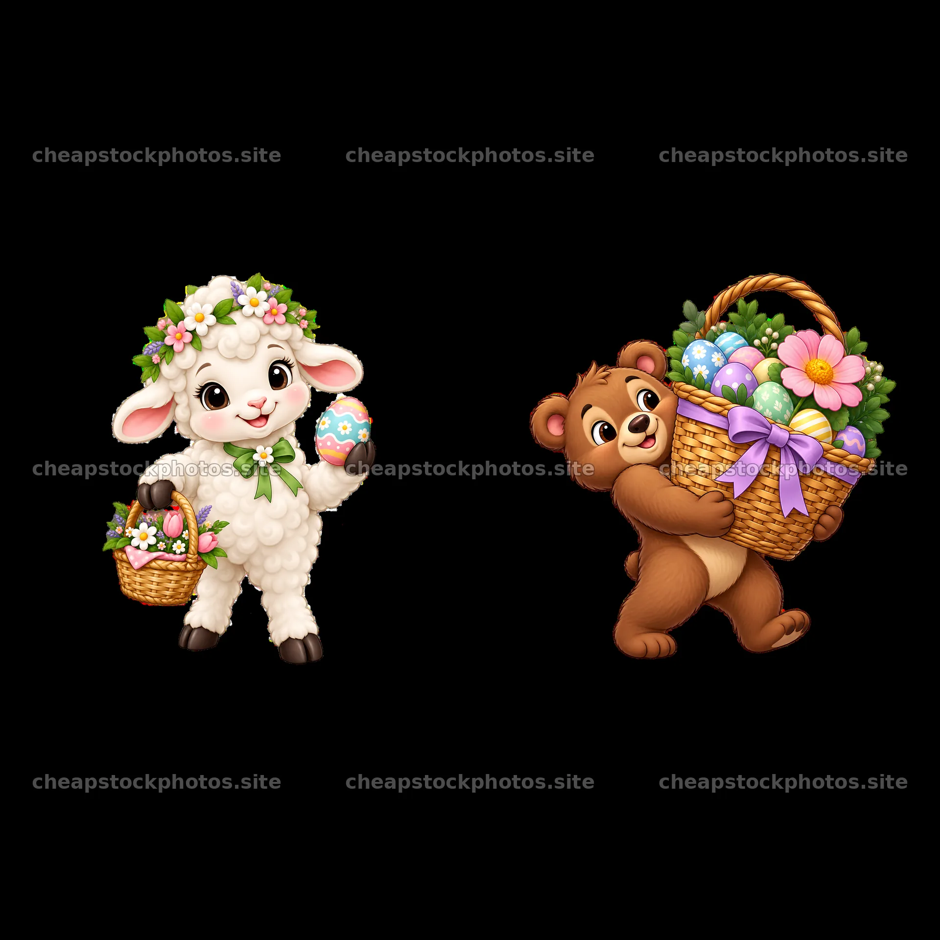 Easter characters with baskets of eggs and flowers – stock photos 7746x7746