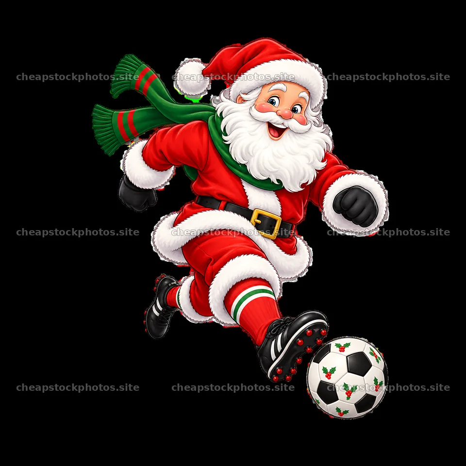 Santa Claus kicking a soccer ball in festive attire – stock photos 7746x7746