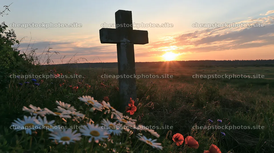 Christian cross at sunrise over meadow with flowers – stock photos 10608x5938
