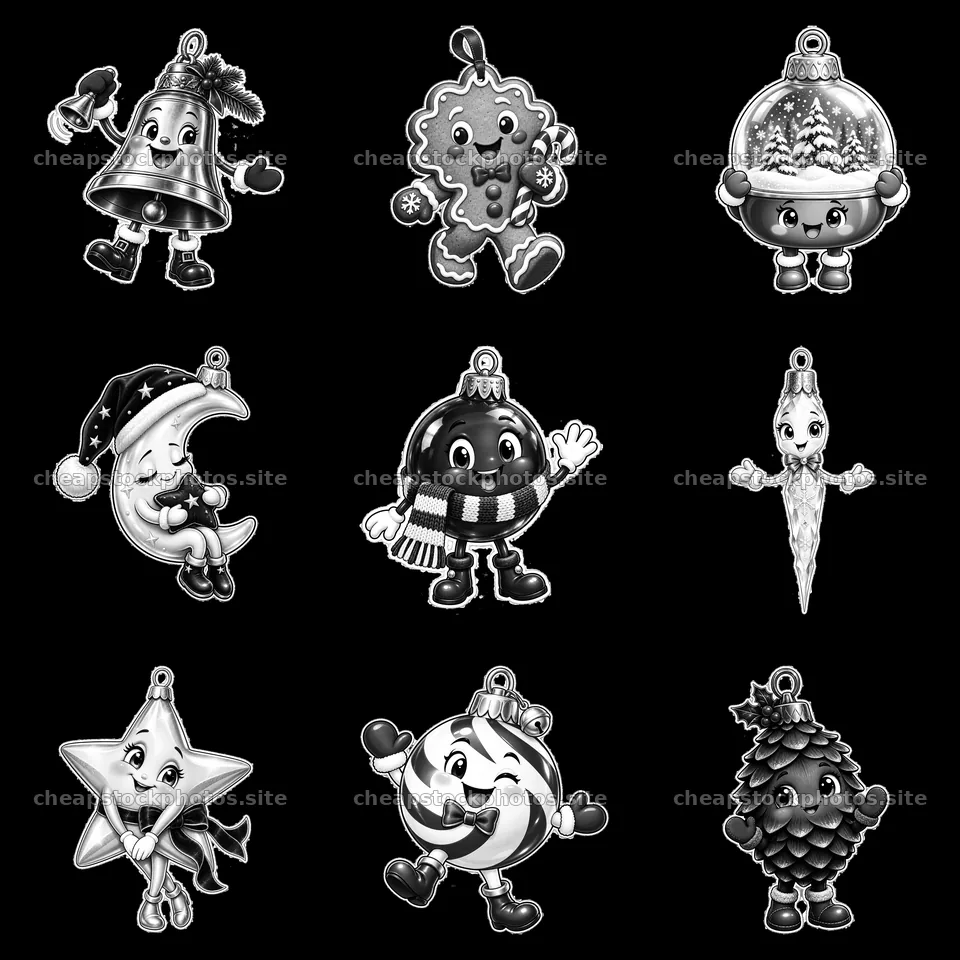 Christmas ornament characters in a cheerful 3x3 arrangement – stock photos 7746x7746