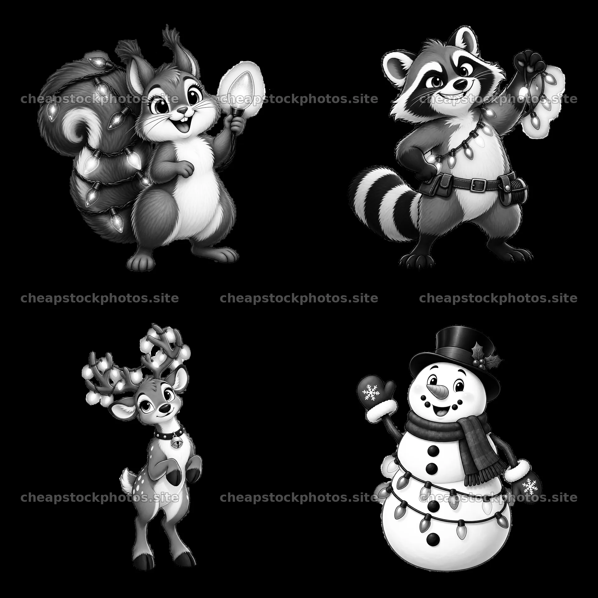 Squirrel, raccoon, reindeer, and snowman with string lights – stock photos 7746x7746