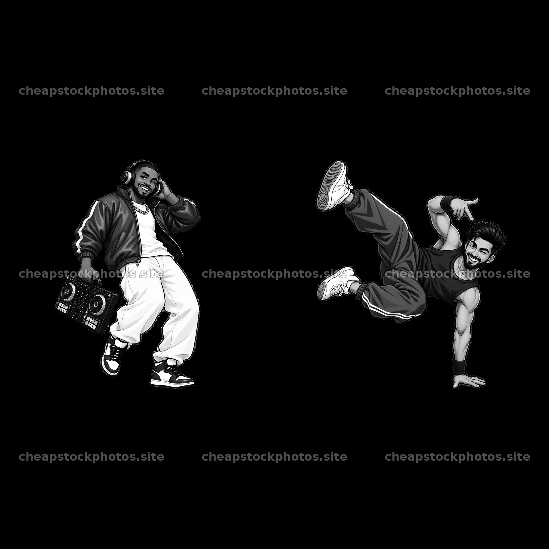 Hip-hop artists with a portable speaker and breakdancing pose – stock photos 7746x7746