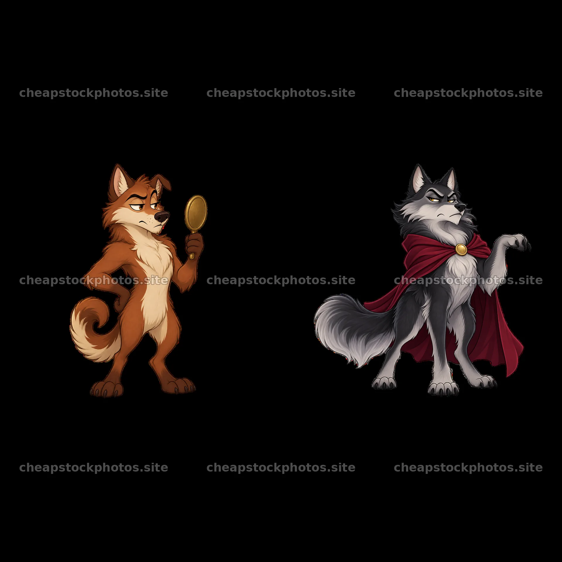Grumpy Wolf characters with mirror and cape in cartoon style – stock photos 7746x7746