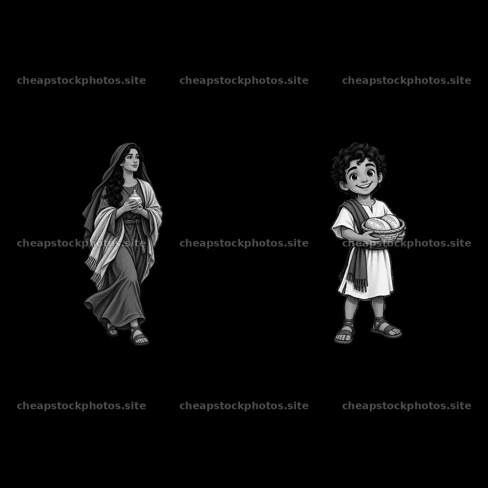 Mother and child carrying loaves of bread in black and white – stock photos 7746x7746