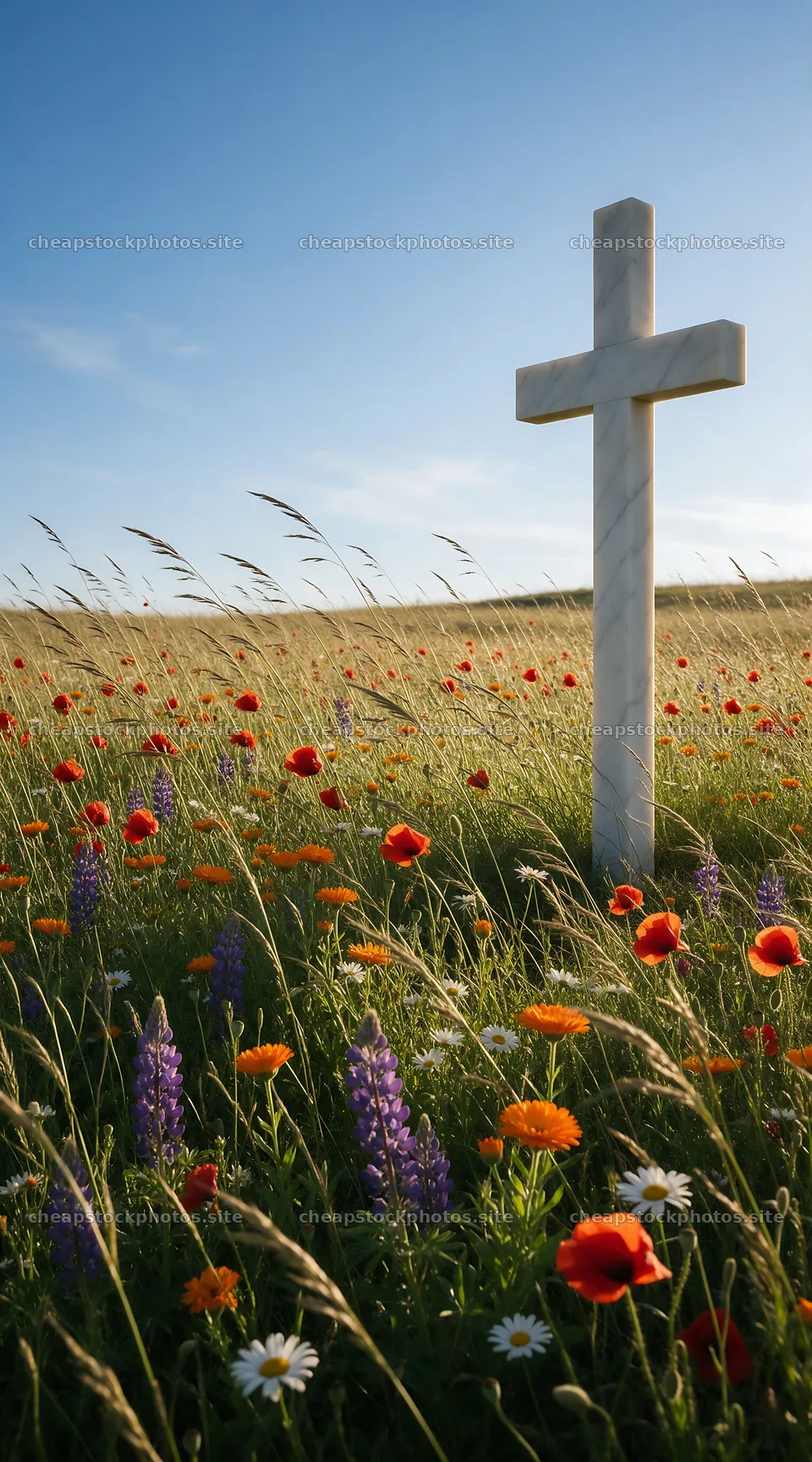 Marble Christian cross in a meadow filled with wildflowers – stock photos 5916x10648
