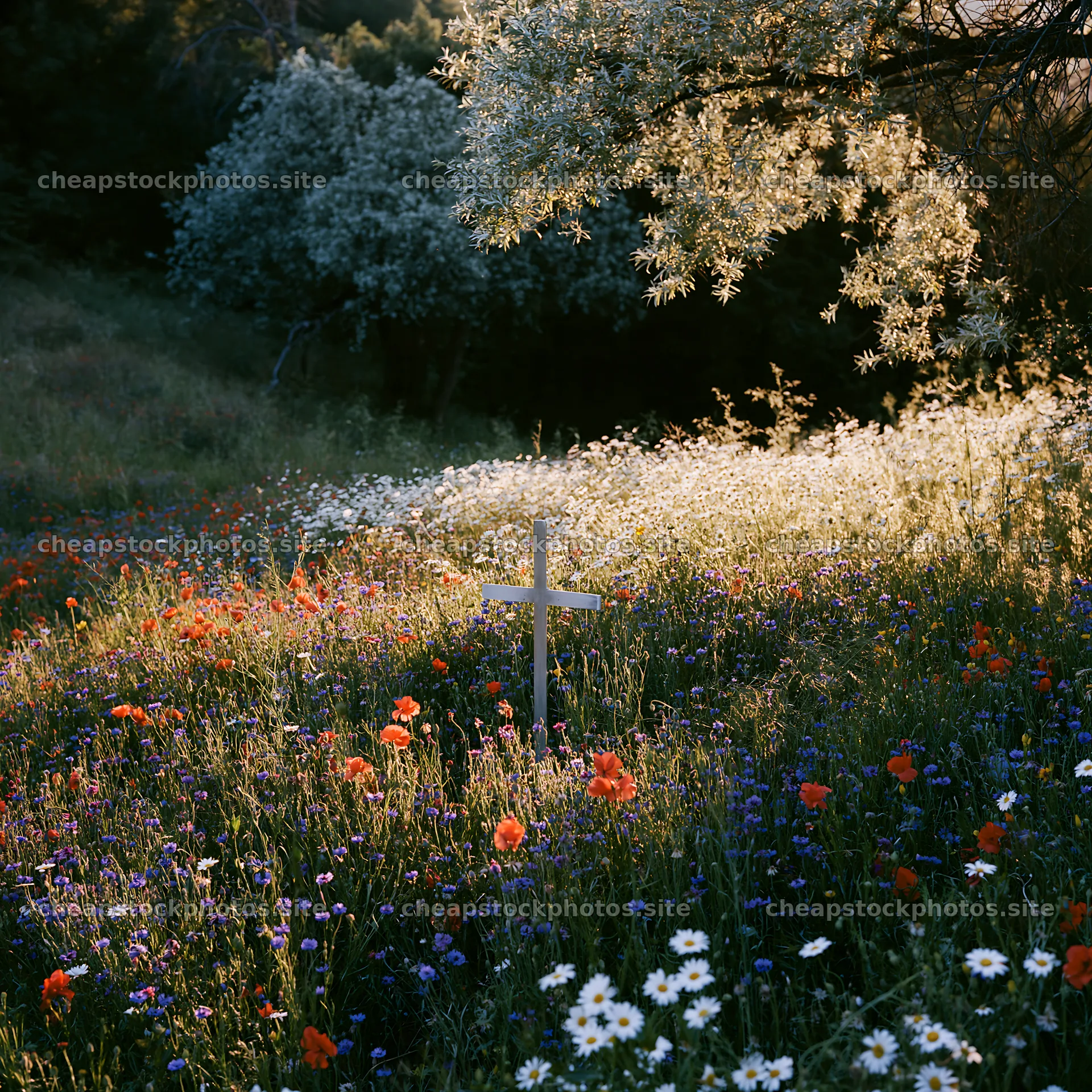 Christian cross surrounded by wildflowers in a meadow – stock photos 7938x7938