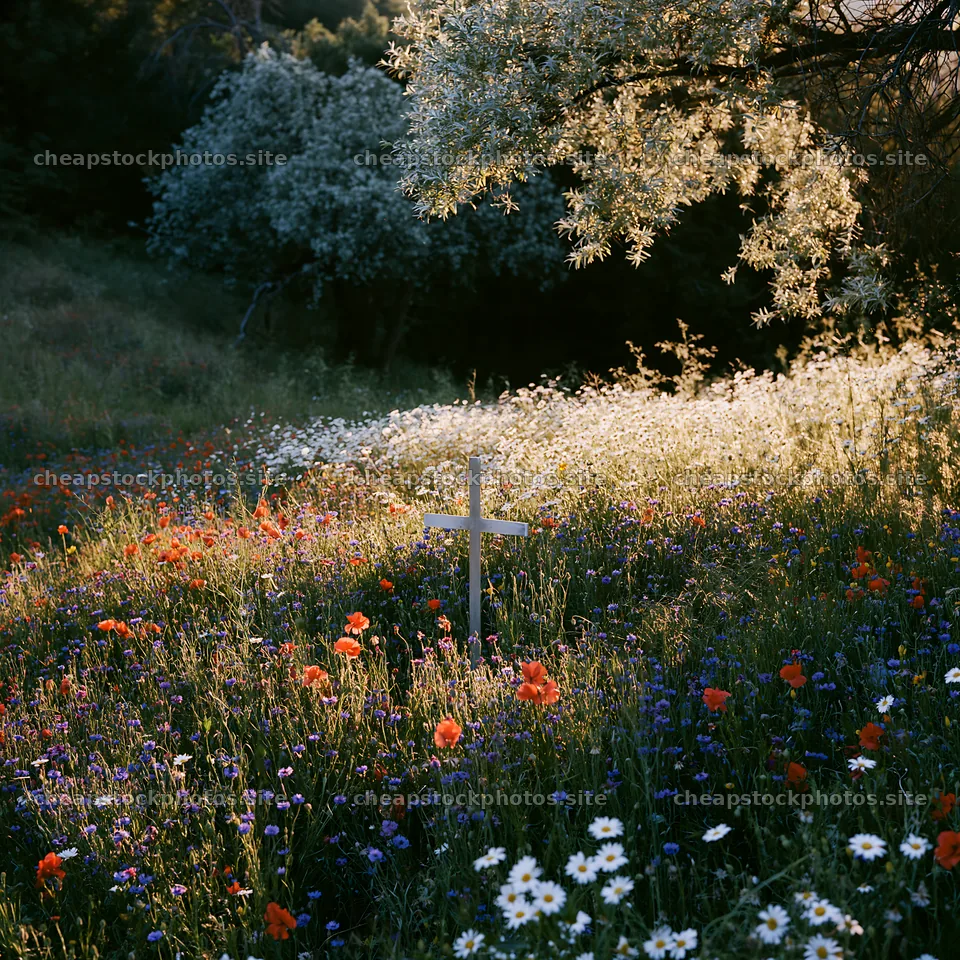 Christian cross surrounded by wildflowers in a meadow – stock photos 7938x7938