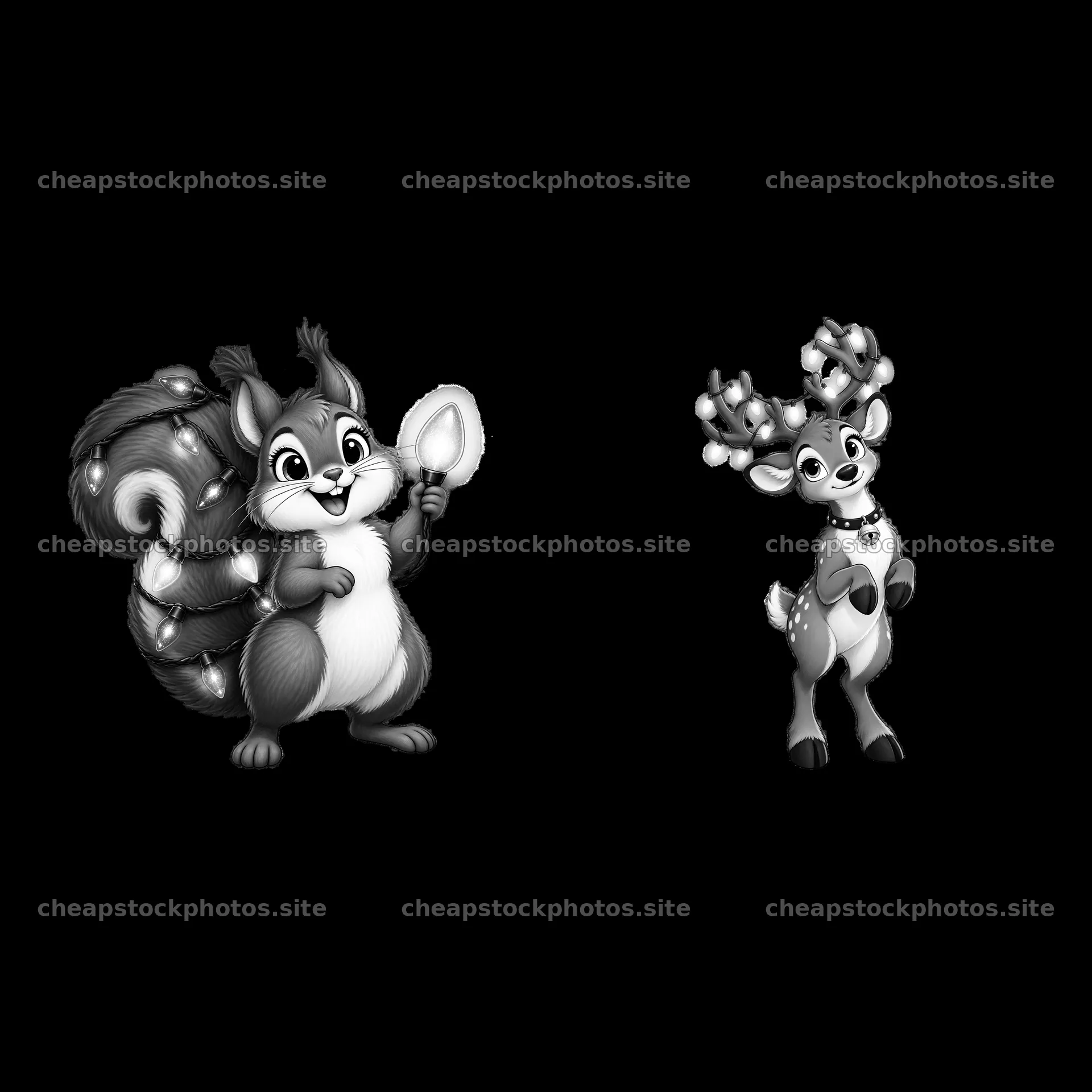 Squirrel holding a light bulb with a deer wearing antlers – stock photos 7746x7746
