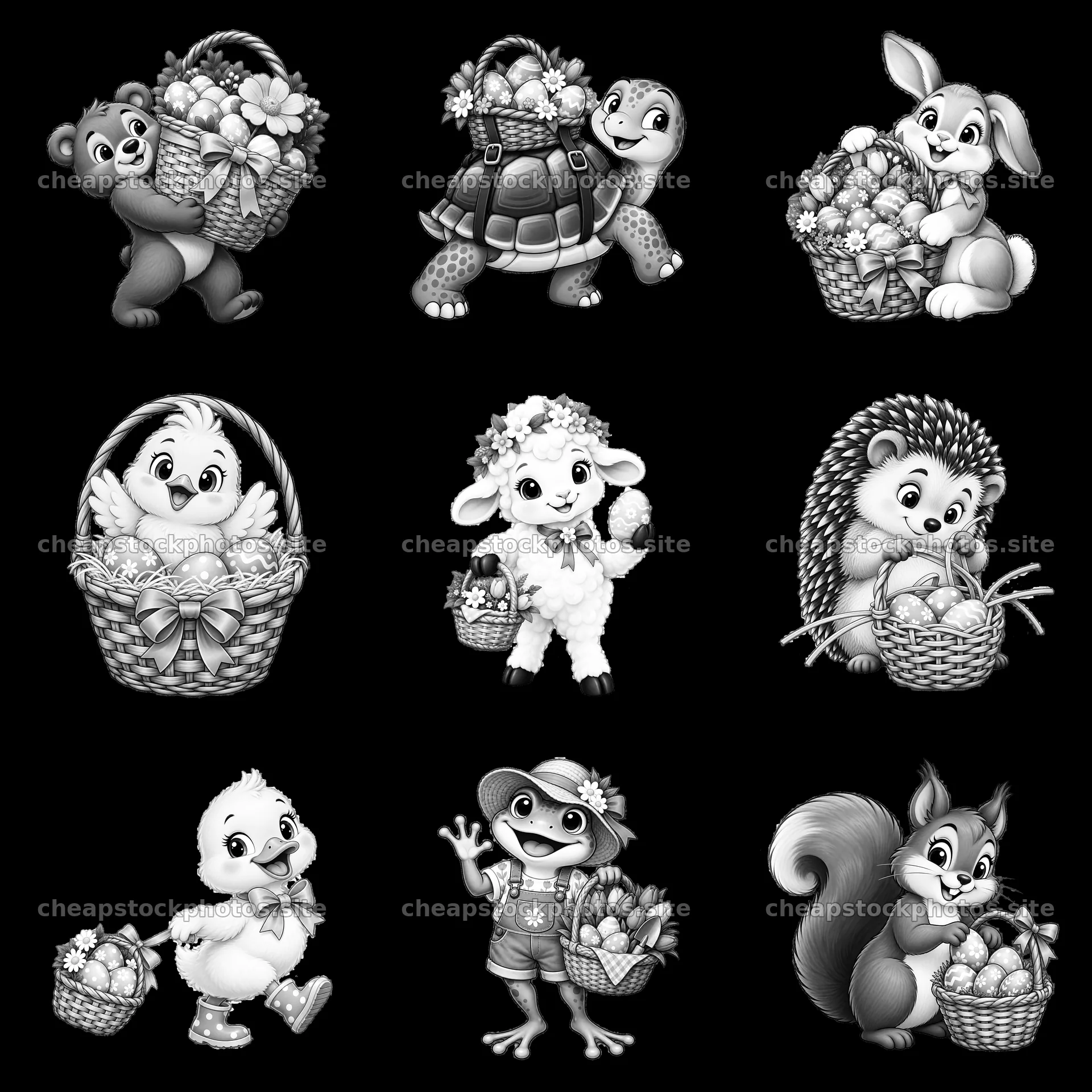 Easter basket characters holding flowers and eggs in black and white – stock photos 7746x7746