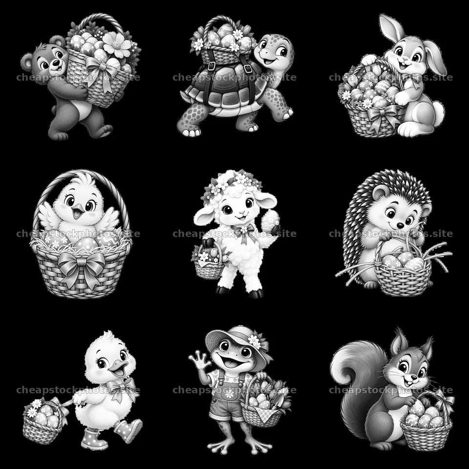 Easter basket characters holding flowers and eggs in black and white – stock photos 7746x7746