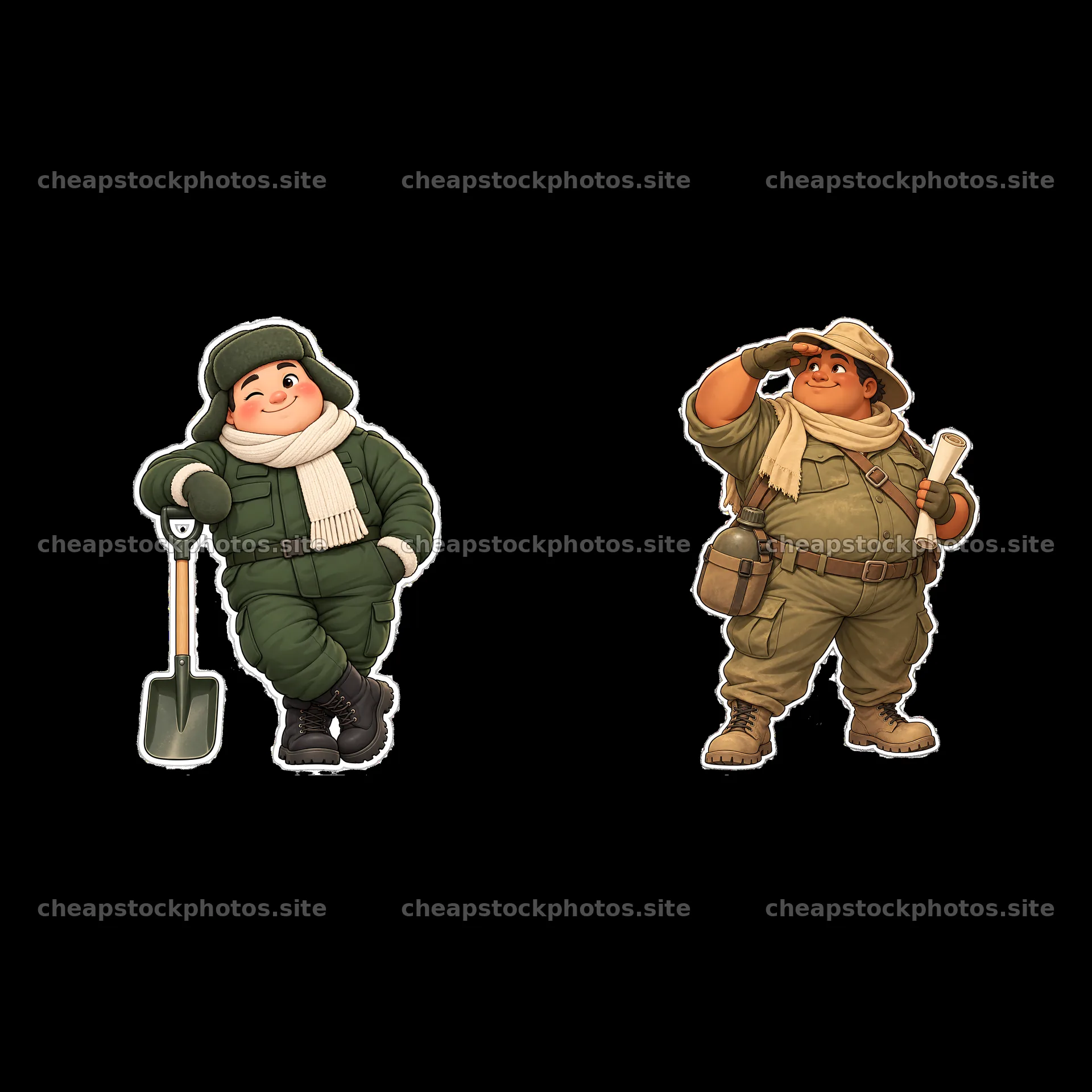 Cute ultra-chubby soldier characters with tools in playful poses – stock photos 7746x7746