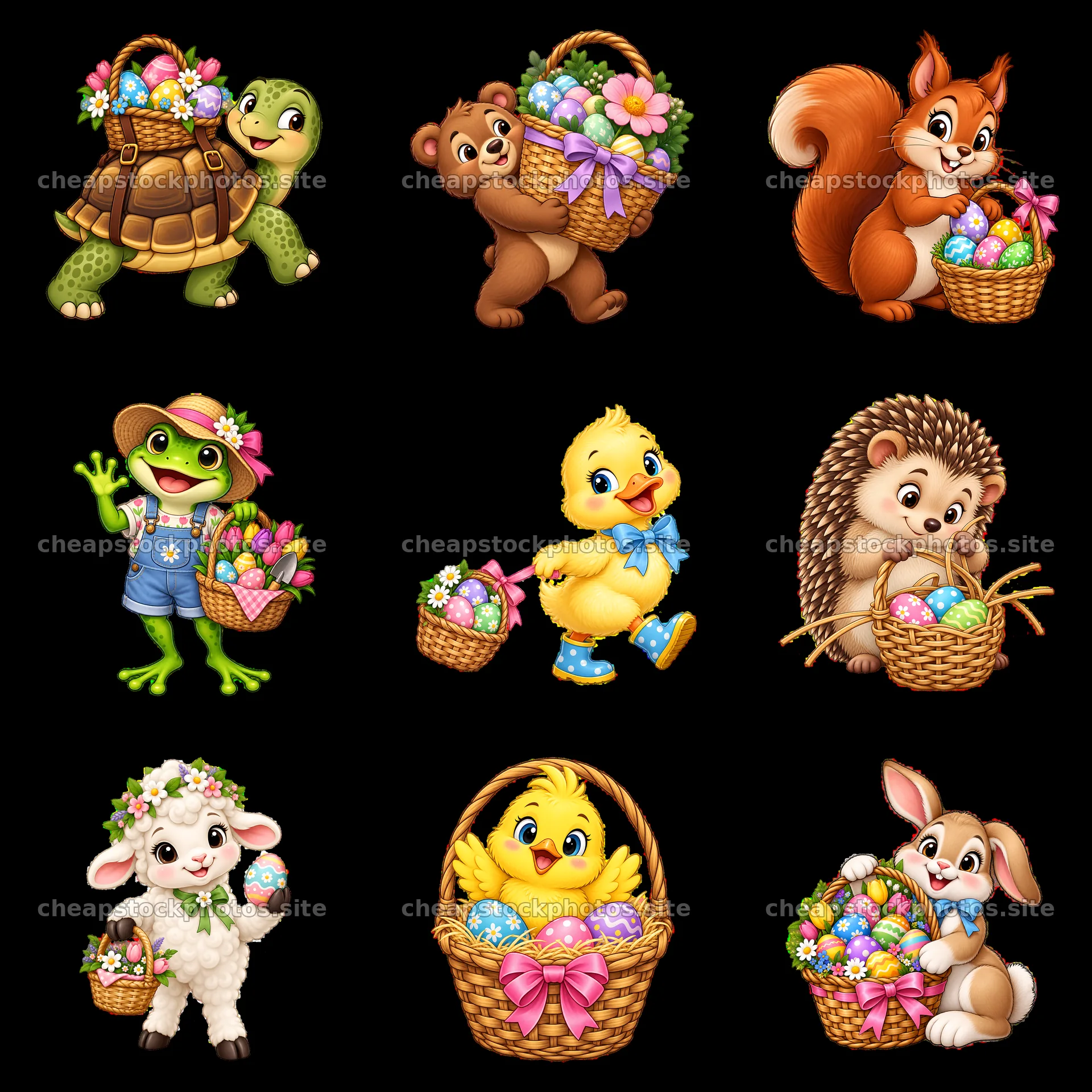 Easter cartoon animals with baskets of eggs and flowers – stock photos 7746x7746