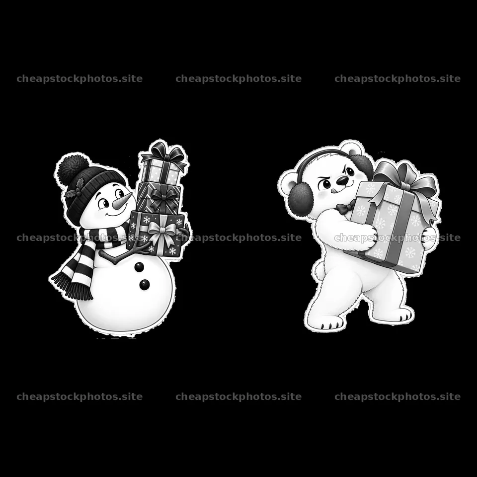 Snowman and polar bear carrying Christmas gifts – stock photos 7746x7746