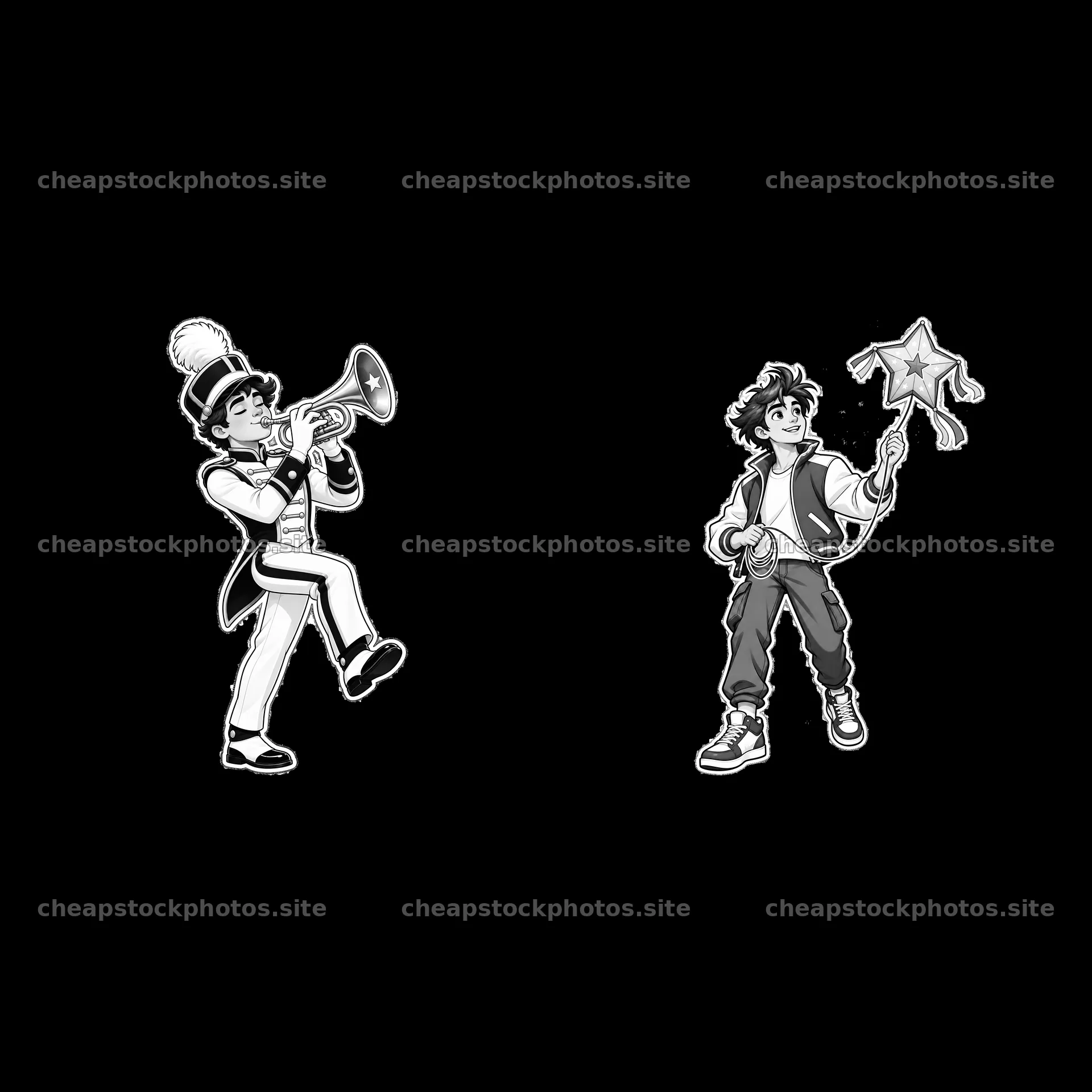 Musician with trumpet and boy with star wand in black and white – stock photos 7746x7746