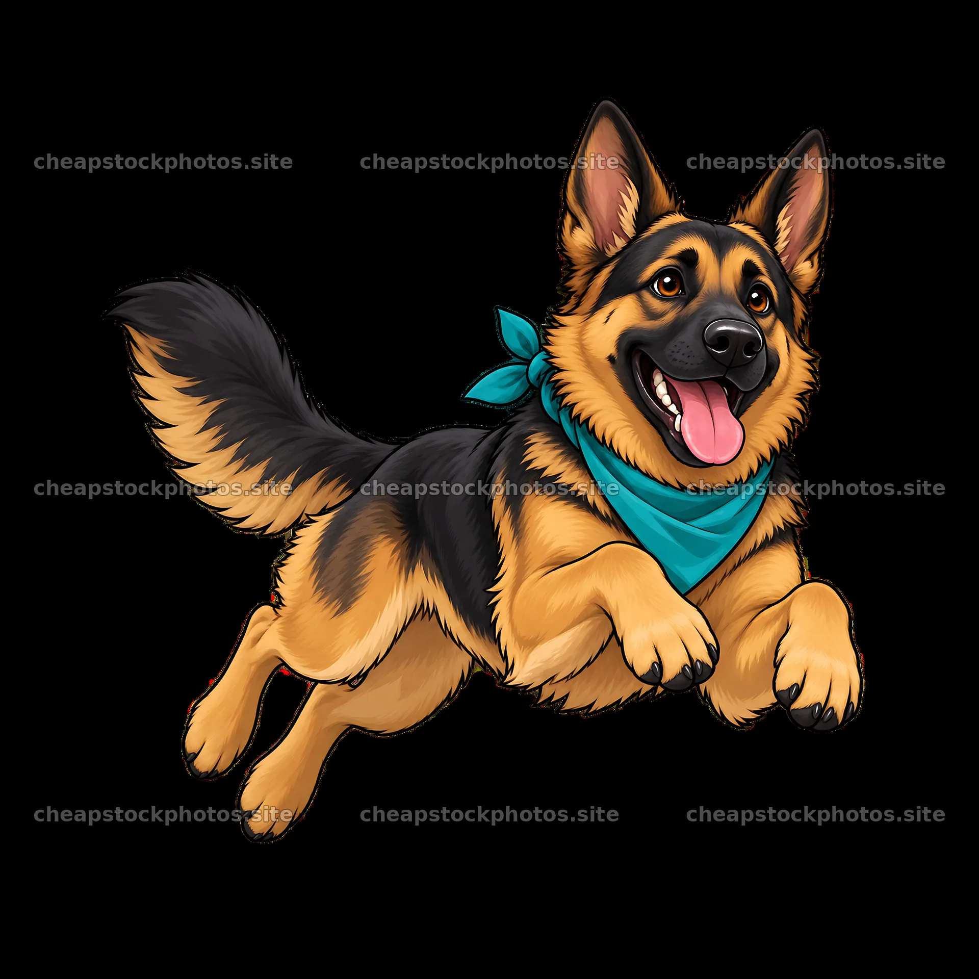 Cartoon German Shepherd dog jumping with blue bandana – stock photos 7746x7746