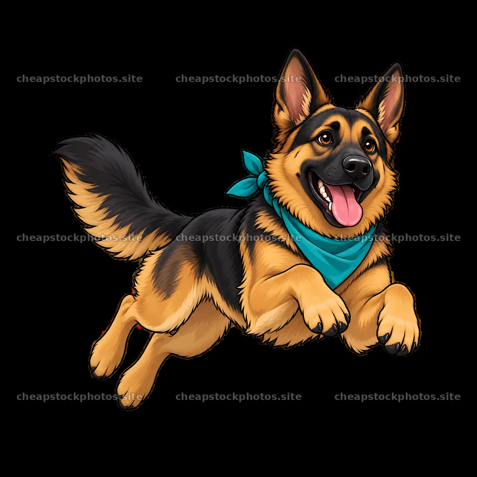 Cartoon German Shepherd dog jumping with blue bandana – stock photos 7746x7746