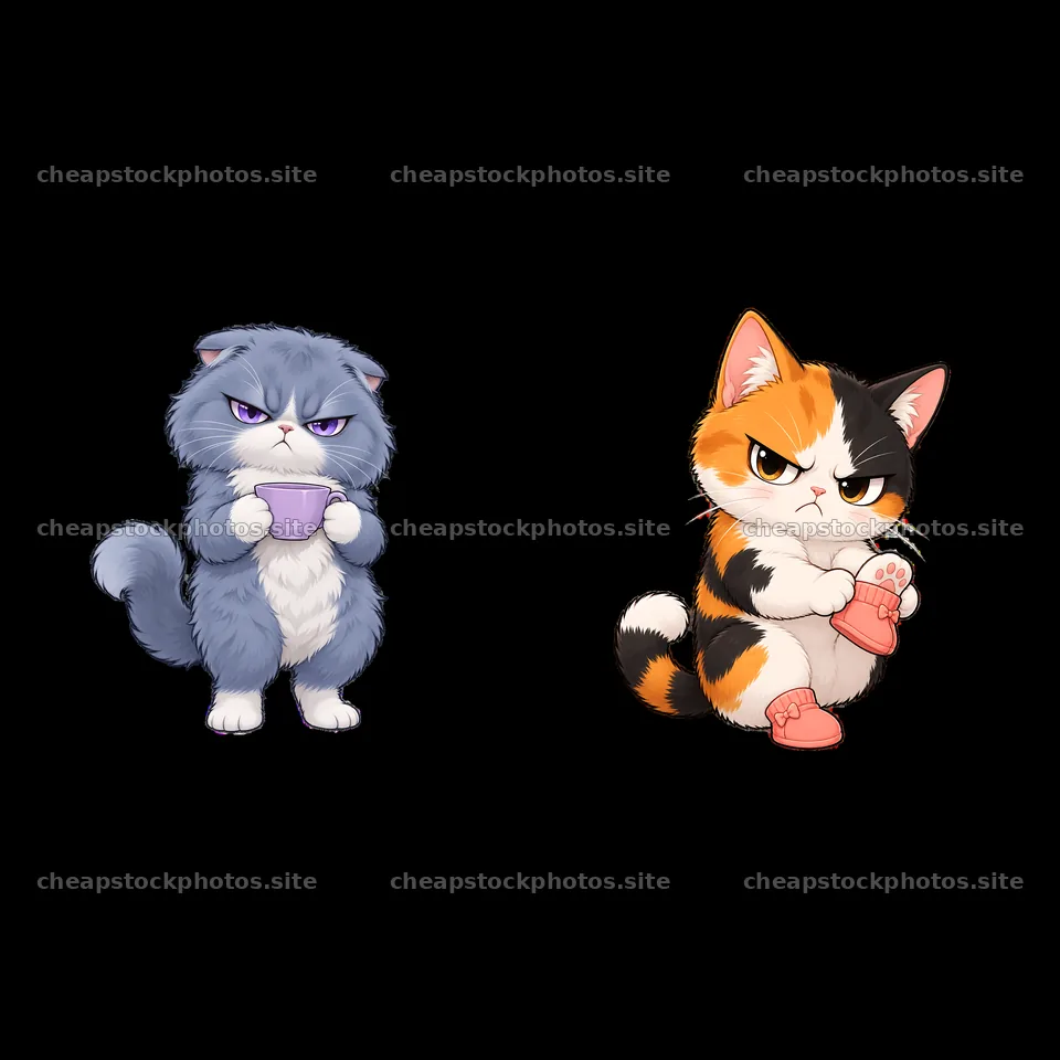 Kawaii grumpy cat stickers in a playful pairing – stock photos 7746x7746