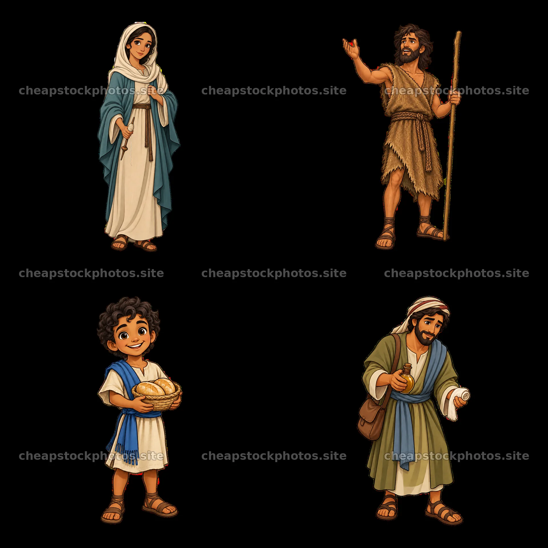 Four cartoon characters from biblical stories in a 2x2 layout – stock photos 7746x7746
