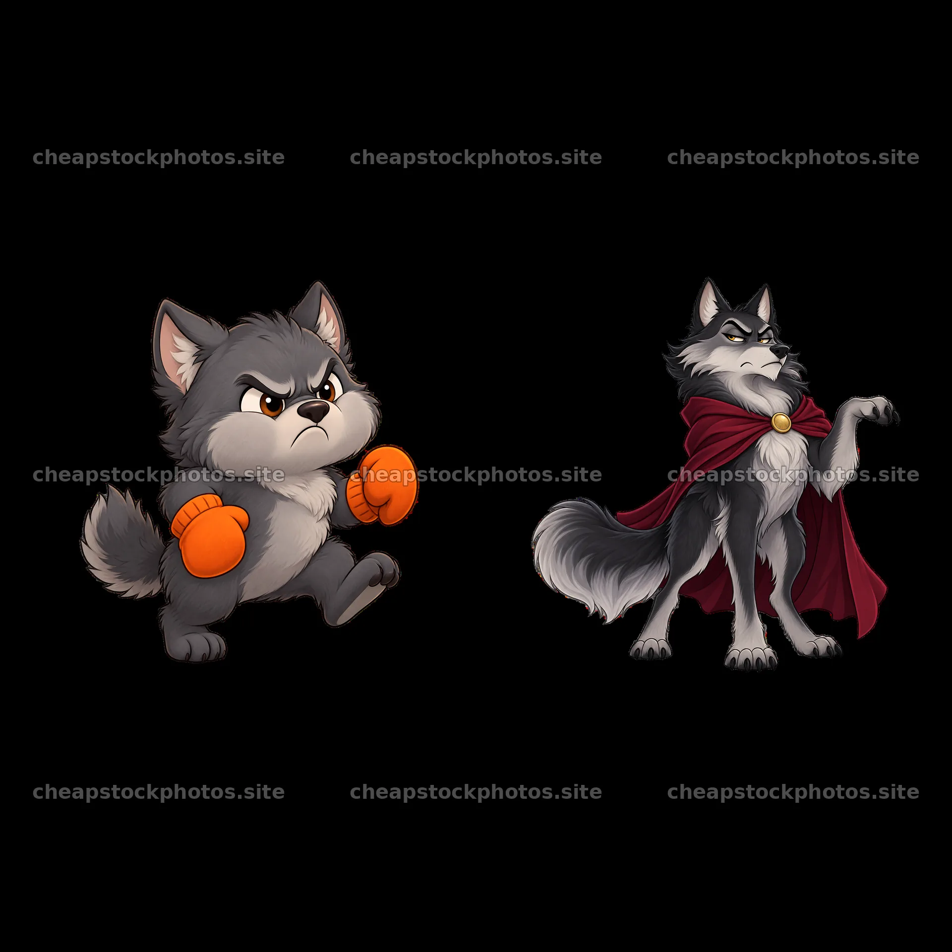 Grumpy wolf character with boxing gloves and spooky pose – stock photos 7746x7746