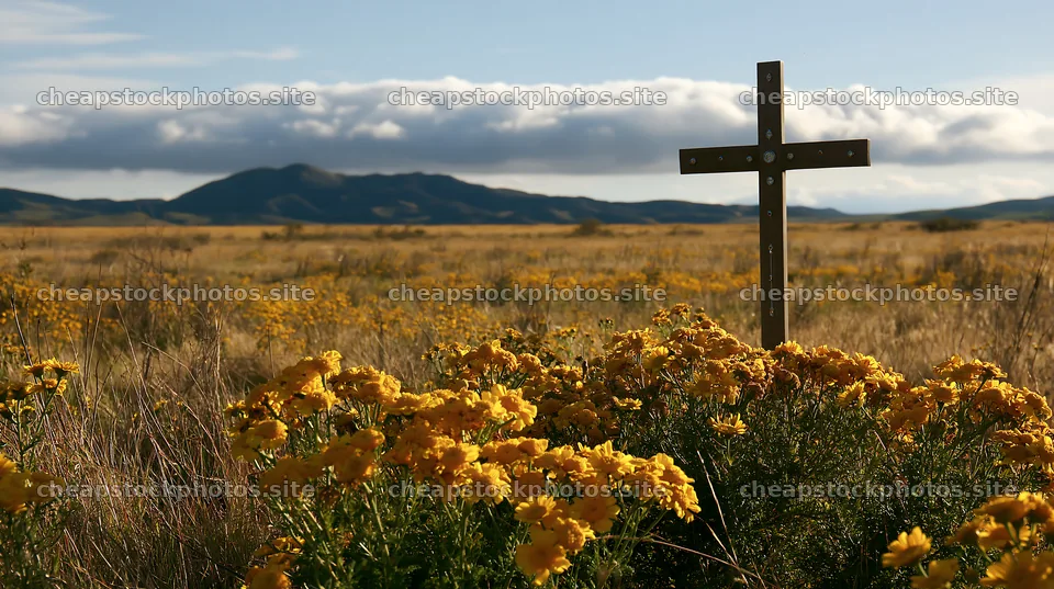Christian cross in yellow wildflower meadow with mountains – stock photos 10608x5938