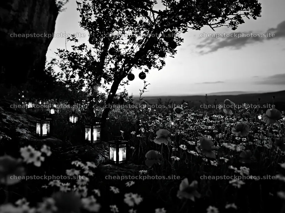 Christmas lanterns glow in meadow near cave at dusk – stock photos 9174x6866