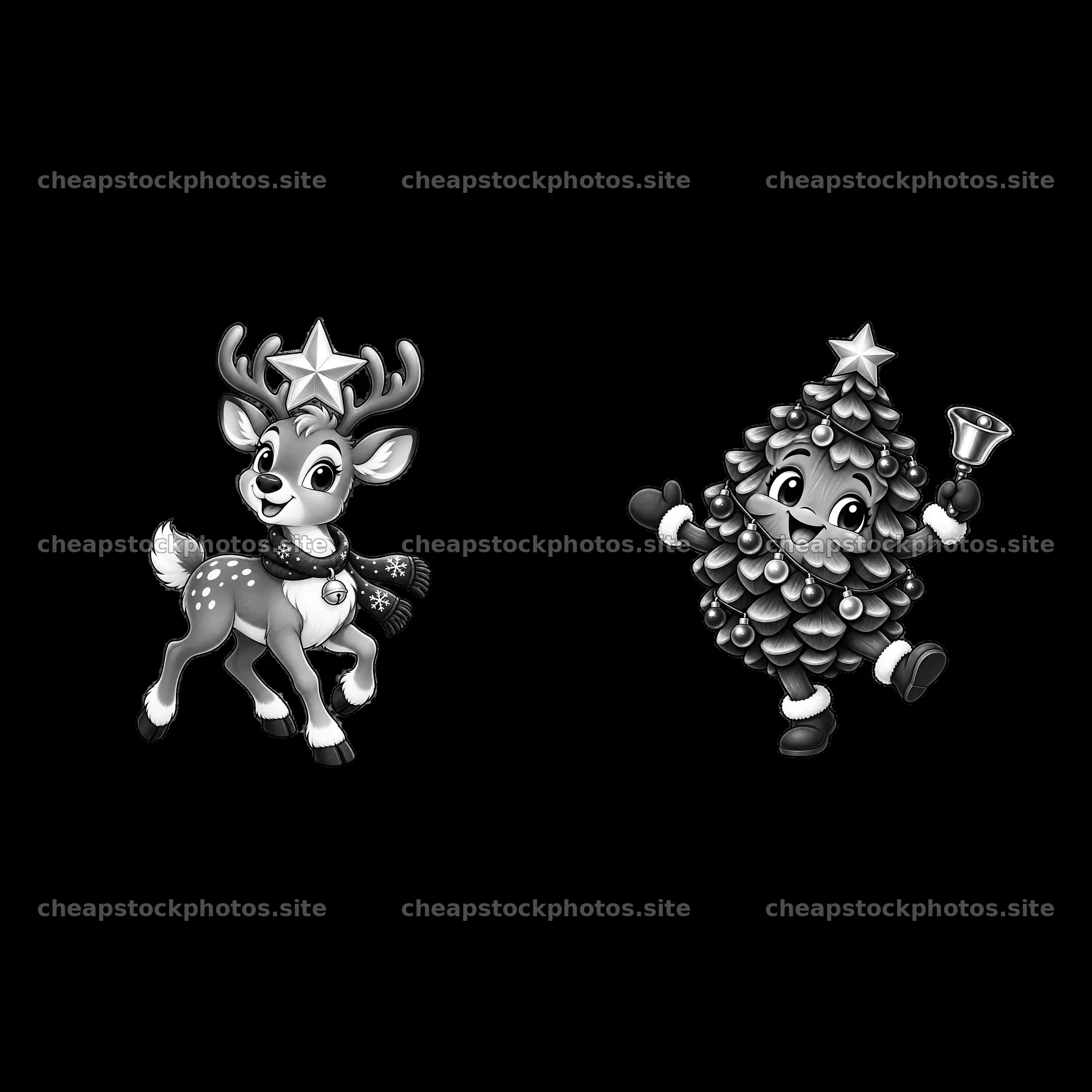 Reindeer and Christmas tree character stickers in black and white – stock photos 7746x7746