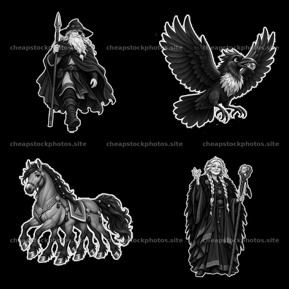Odin the Norse All-Father with raven, horse, and mystical staff – stock photos 7746x7746