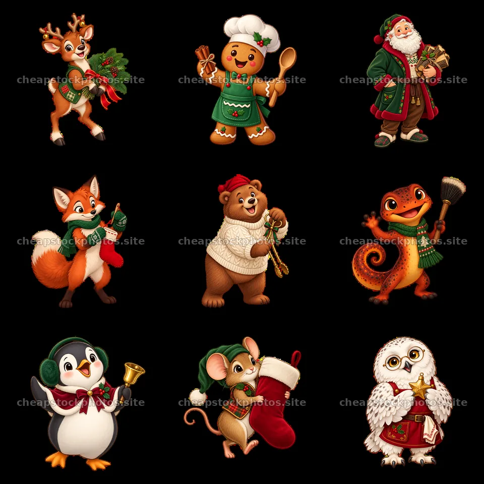 Christmas characters around the fireplace in nine cartoon stickers – stock photos 7746x7746