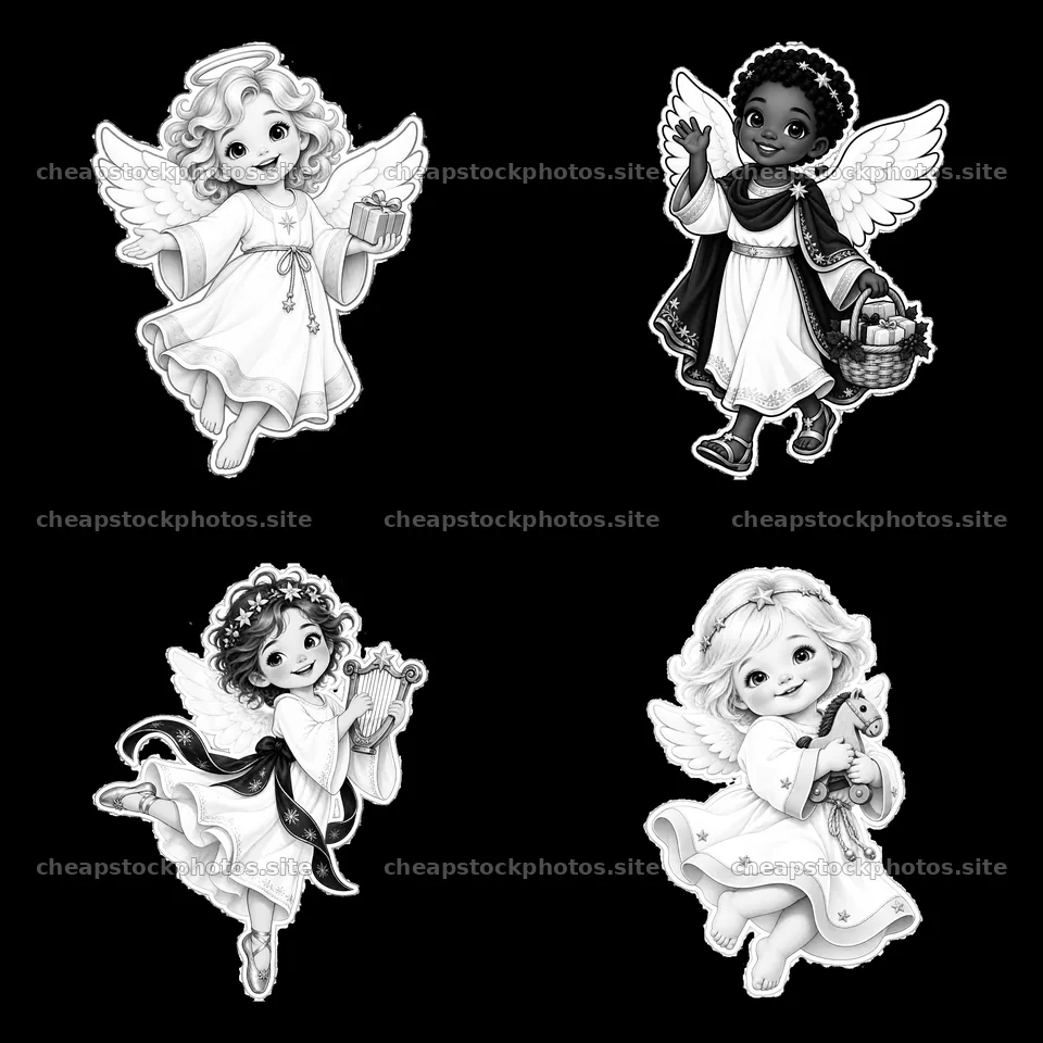Christ Child figures bringing gifts on Christmas in monochrome art – stock photos 7746x7746