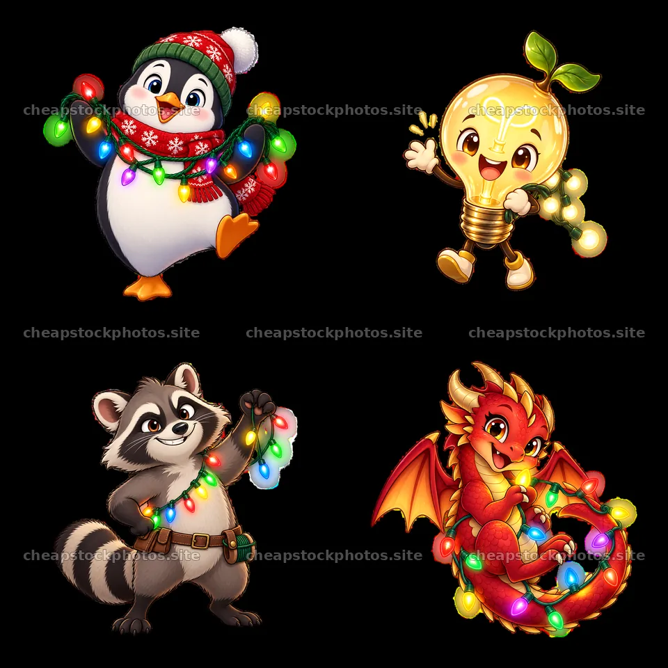 Cartoon characters celebrating with string lights in a 2x2 layout – stock photos 7746x7746