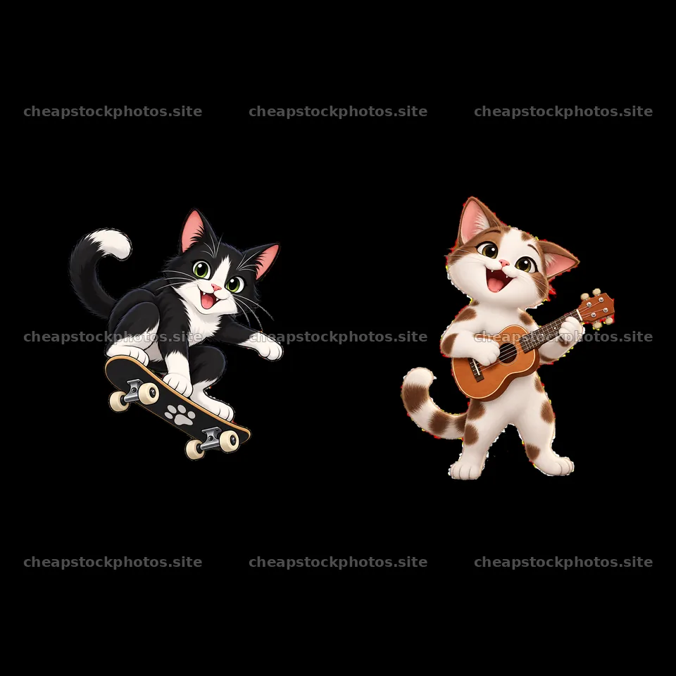 Two playful cats with skateboard and guitar – stock photos 7746x7746