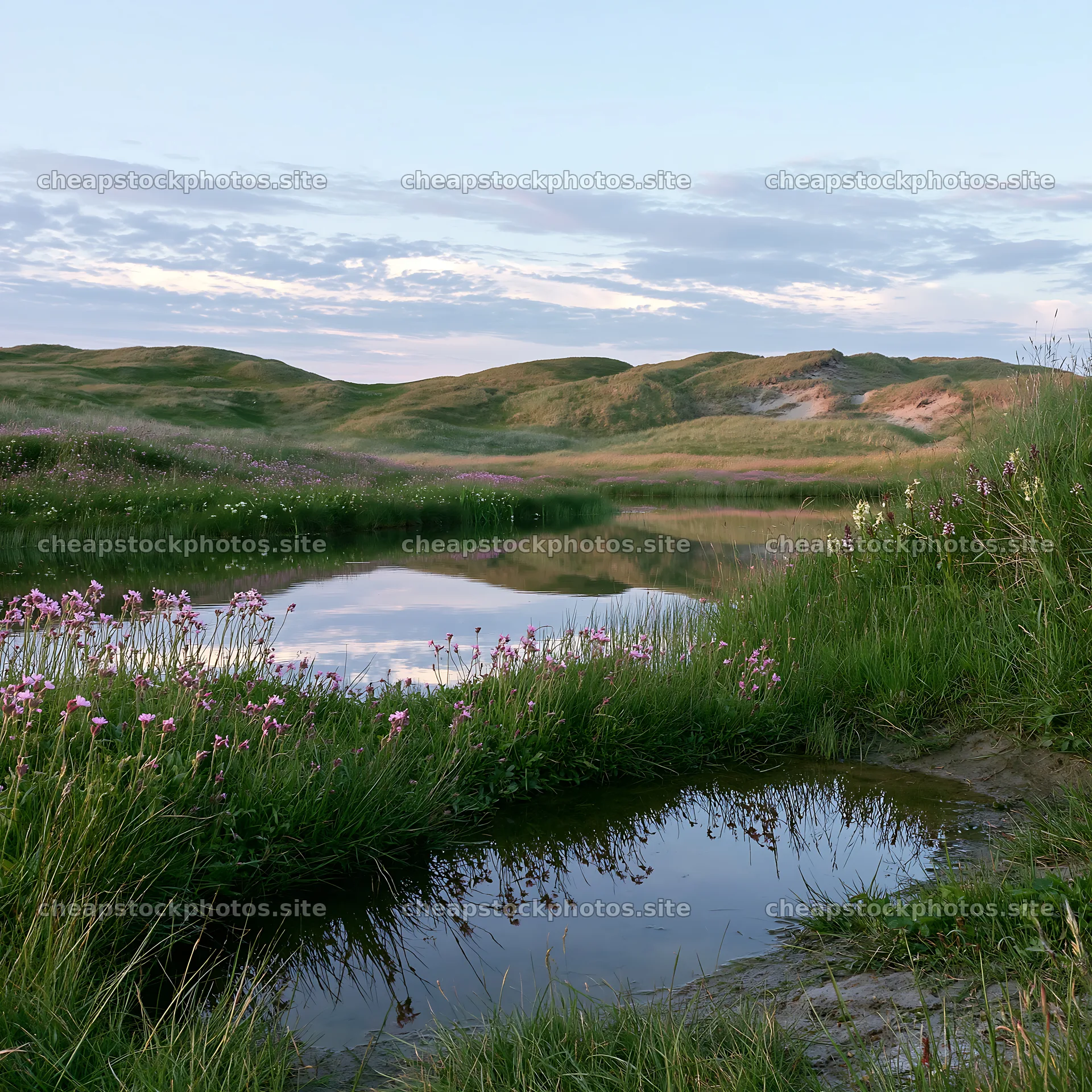 Machair beach meadow with flowers and calm water reflecting hills – stock photos 7938x7938