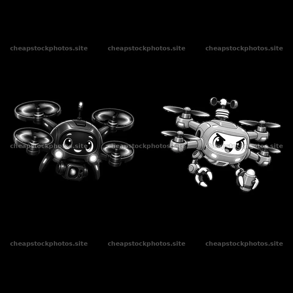 Cartoon drones with cameras and expressive faces in black and white – stock photos 7746x7746