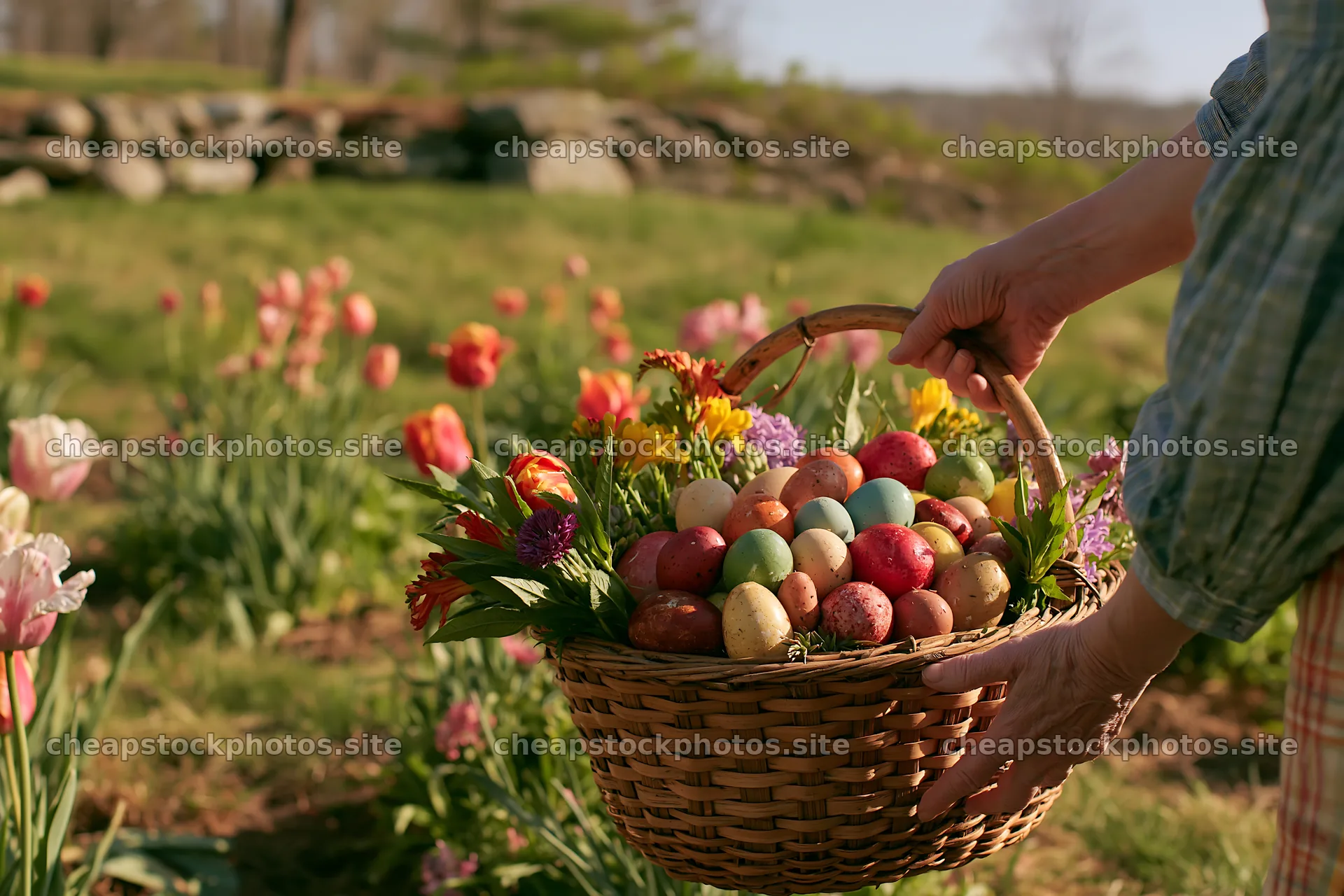 Easter basket filled with eggs in a flower meadow setting – stock photos 9722x6480