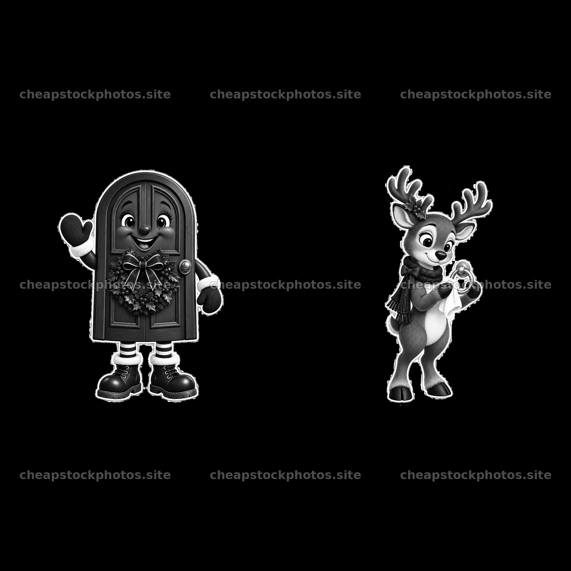 Door character and reindeer holding a candy cane for Christmas – stock photos 7746x7746