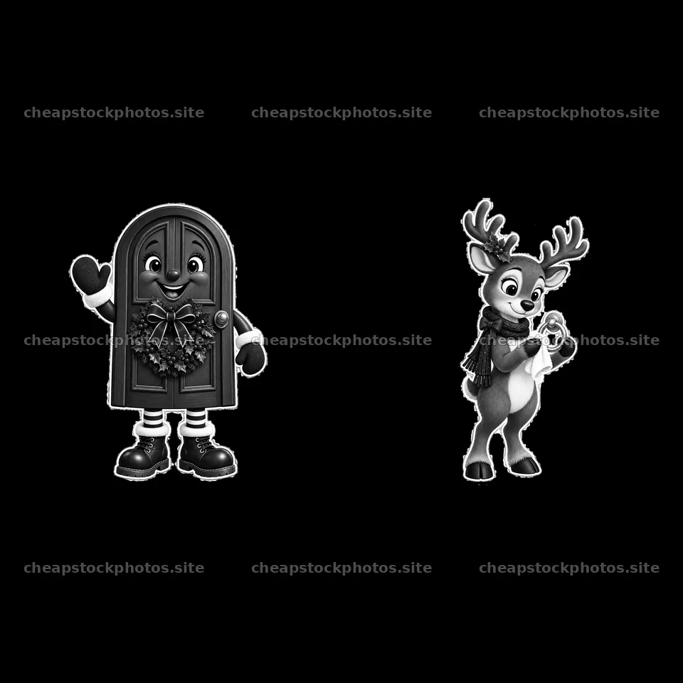 Door character and reindeer holding a candy cane for Christmas – stock photos 7746x7746