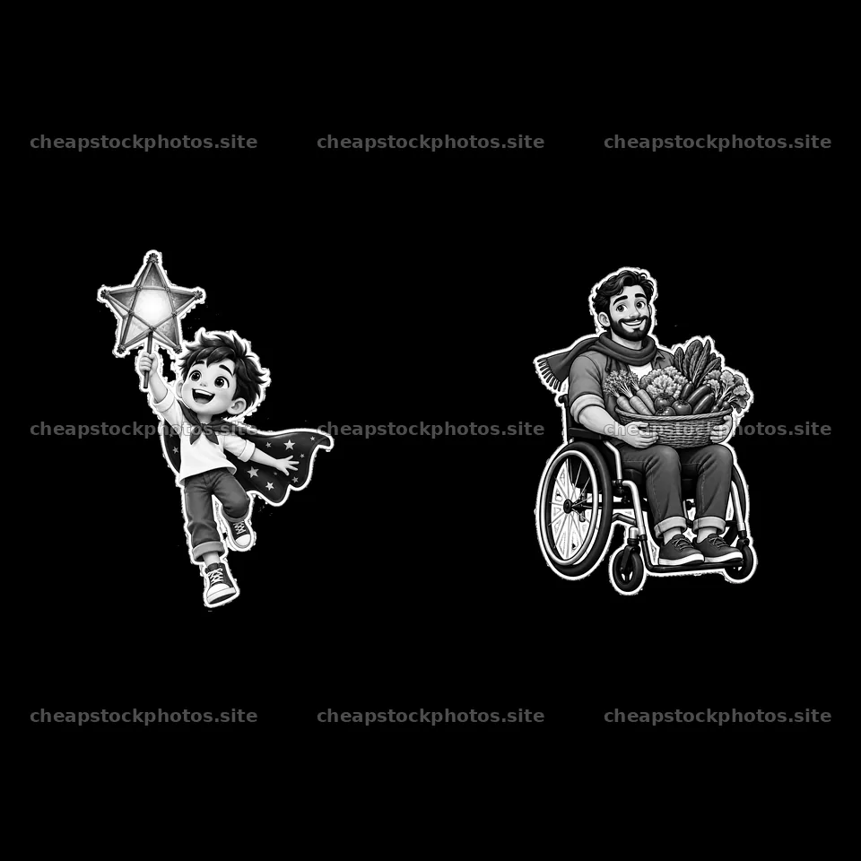 Boy with a star wand and man in wheelchair with basket of vegetables – stock photos 7746x7746