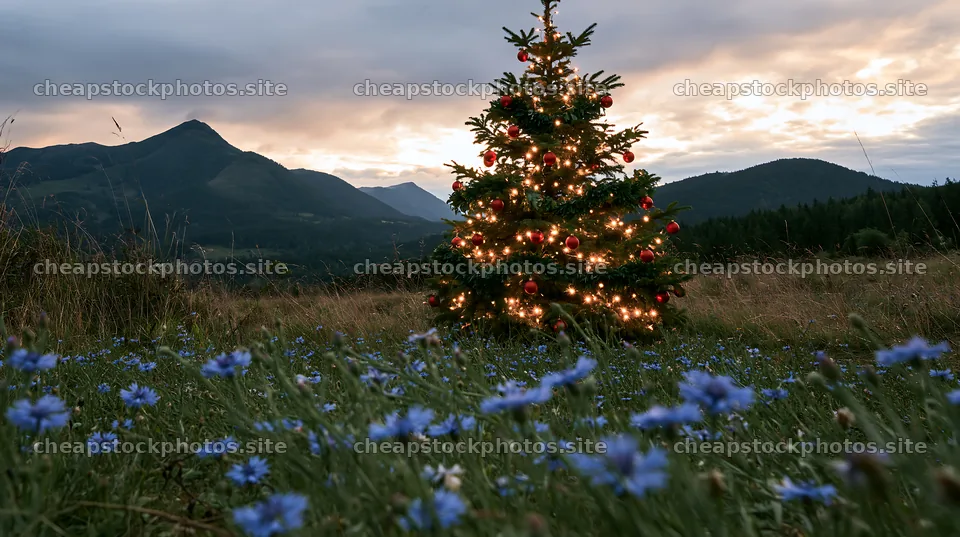 Christmas tree decorated in a meadow with clouds in the sky – stock photos 10608x5938