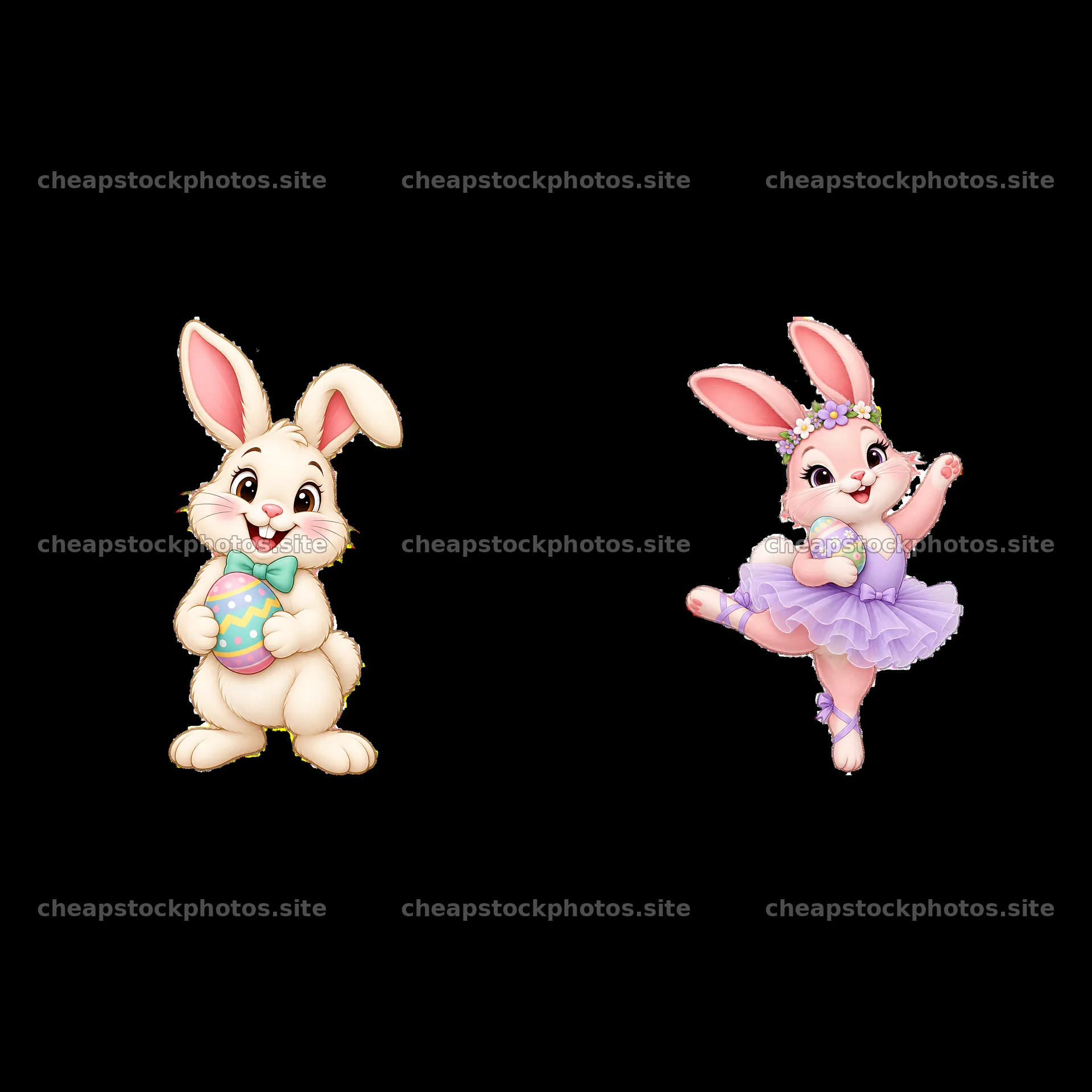 Easter Bunny holding egg and bunny in tutu with flower crown – stock photos 7746x7746