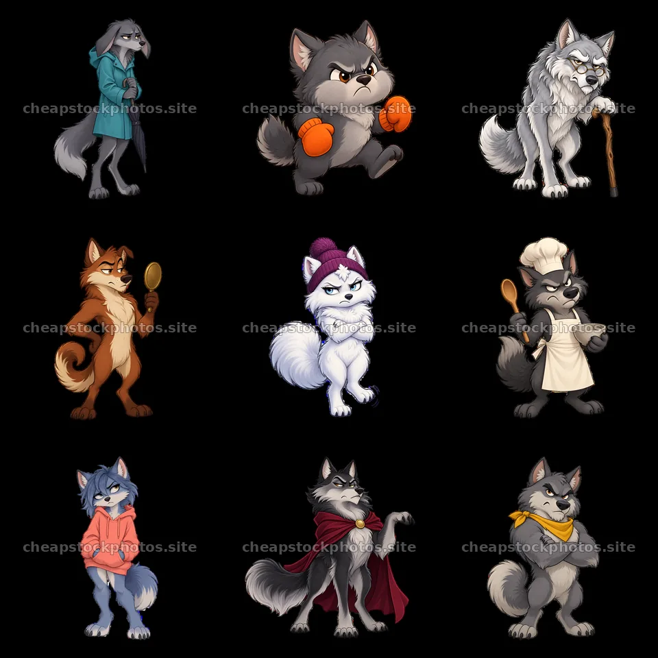 Grumpy wolf characters in various poses and outfits arranged in a – stock photos 7746x7746