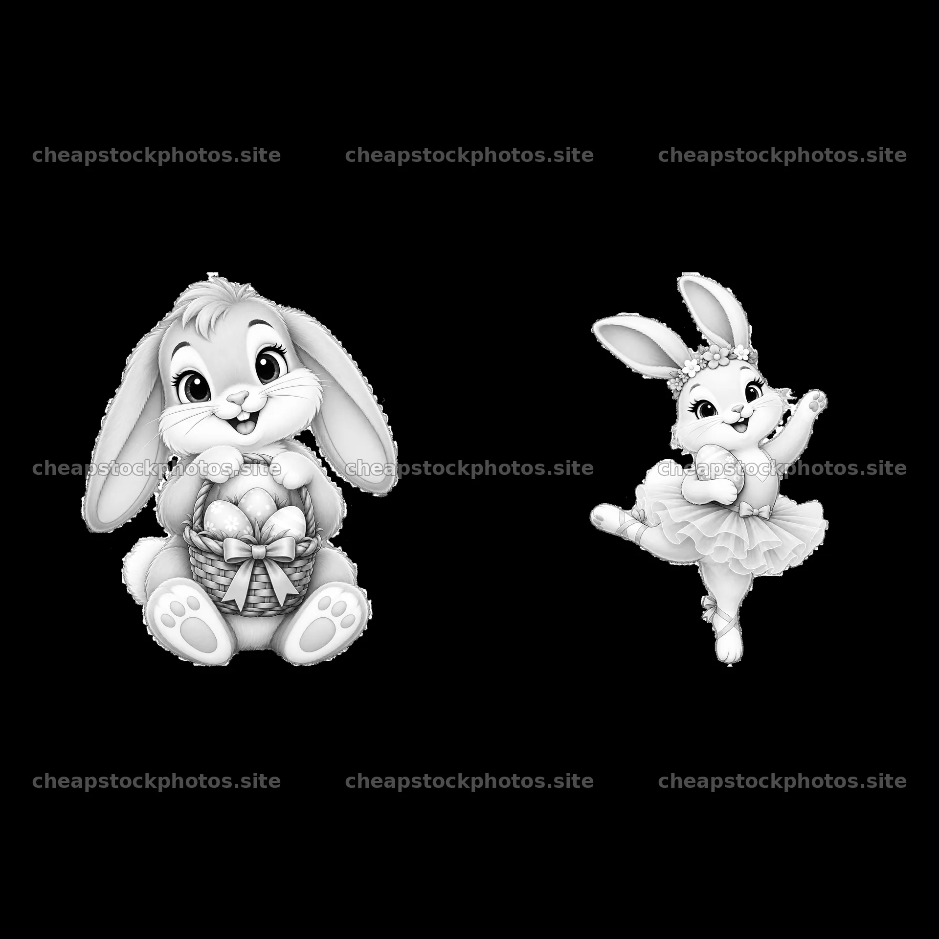 Easter bunny with basket alongside dancing bunny in a tutu – stock photos 7746x7746