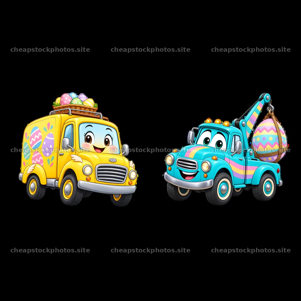 Easter trucks with colorful decorations and cheerful expressions – stock photos 7746x7746