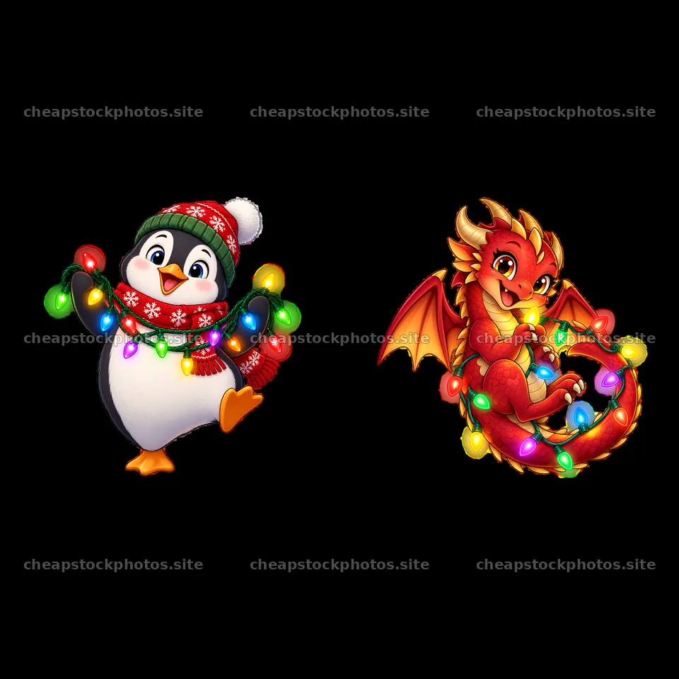 Festive penguin and dragon with colorful string lights – stock photos 7746x7746