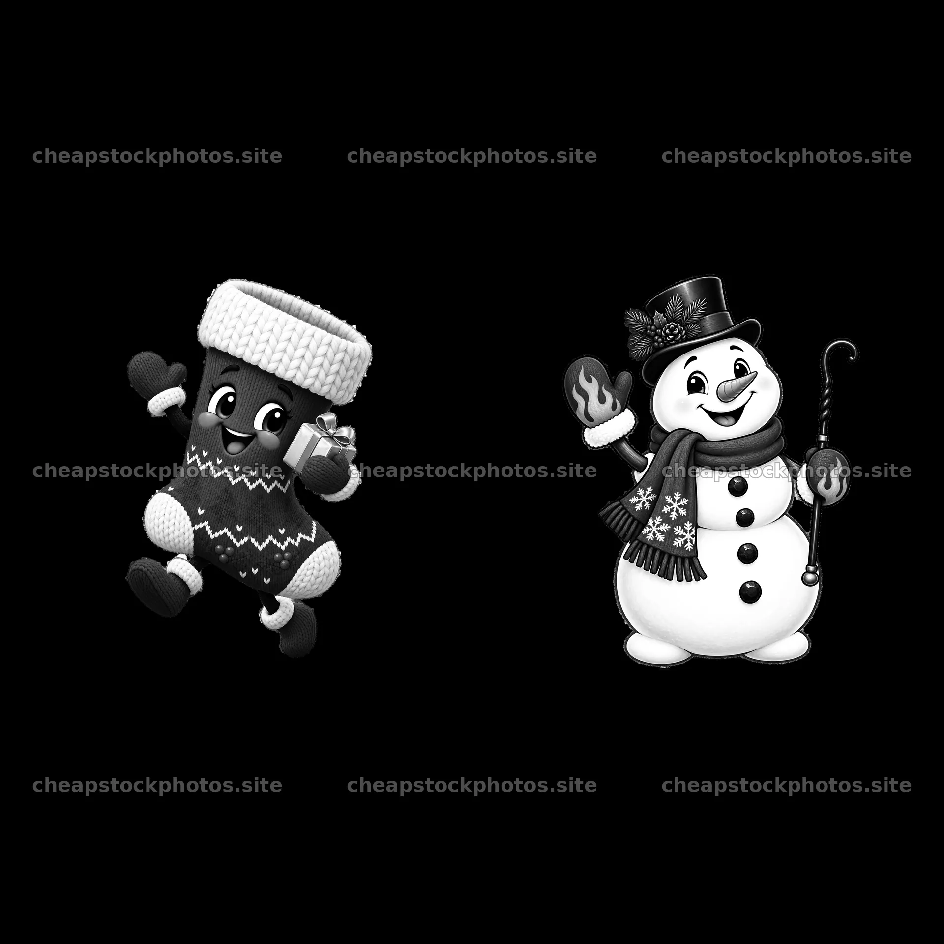 Jumping Christmas sock and smiling snowman with accessories – stock photos 7746x7746