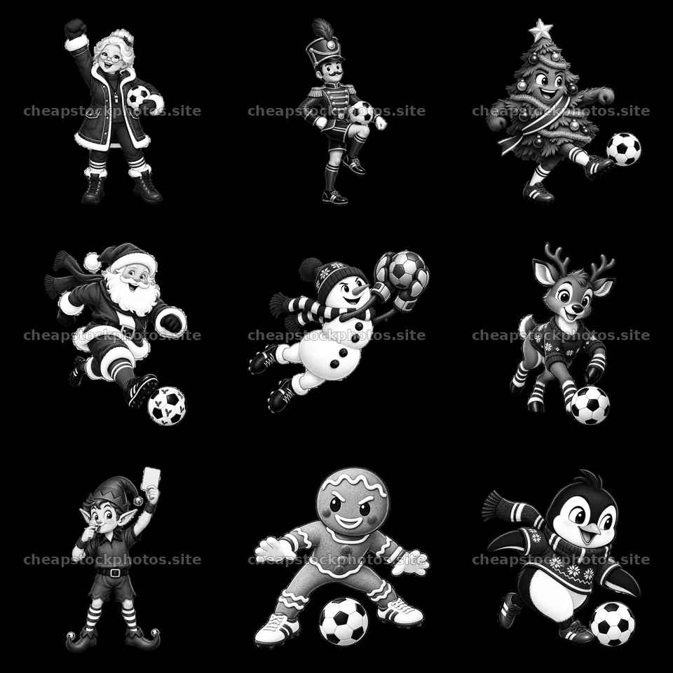 Christmas characters playing soccer in a 3x3 grid layout – stock photos 7746x7746