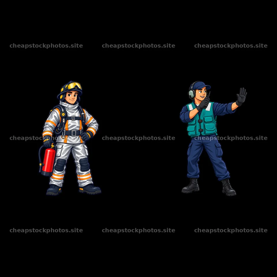 Firefighter and crew member on aircraft carrier cartoon stickers – stock photos 7746x7746